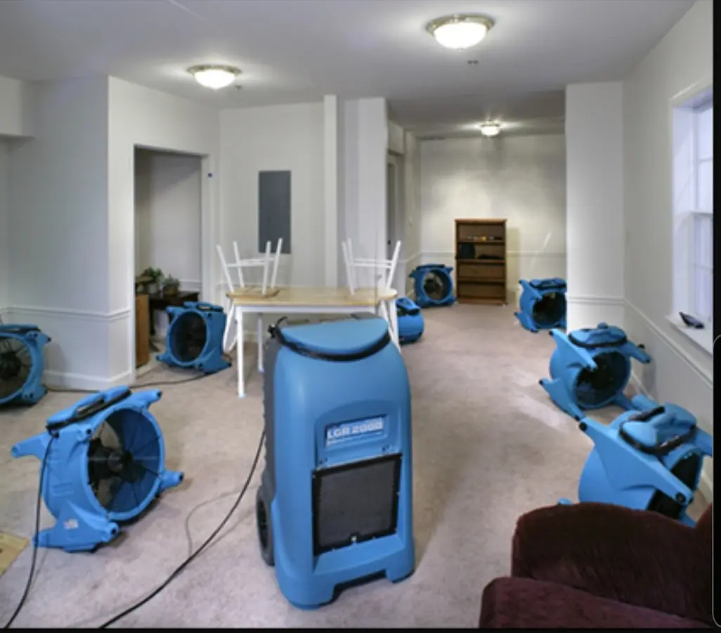 Air movers and dehumidifier setup for Water Extraction & Removal in Winton
